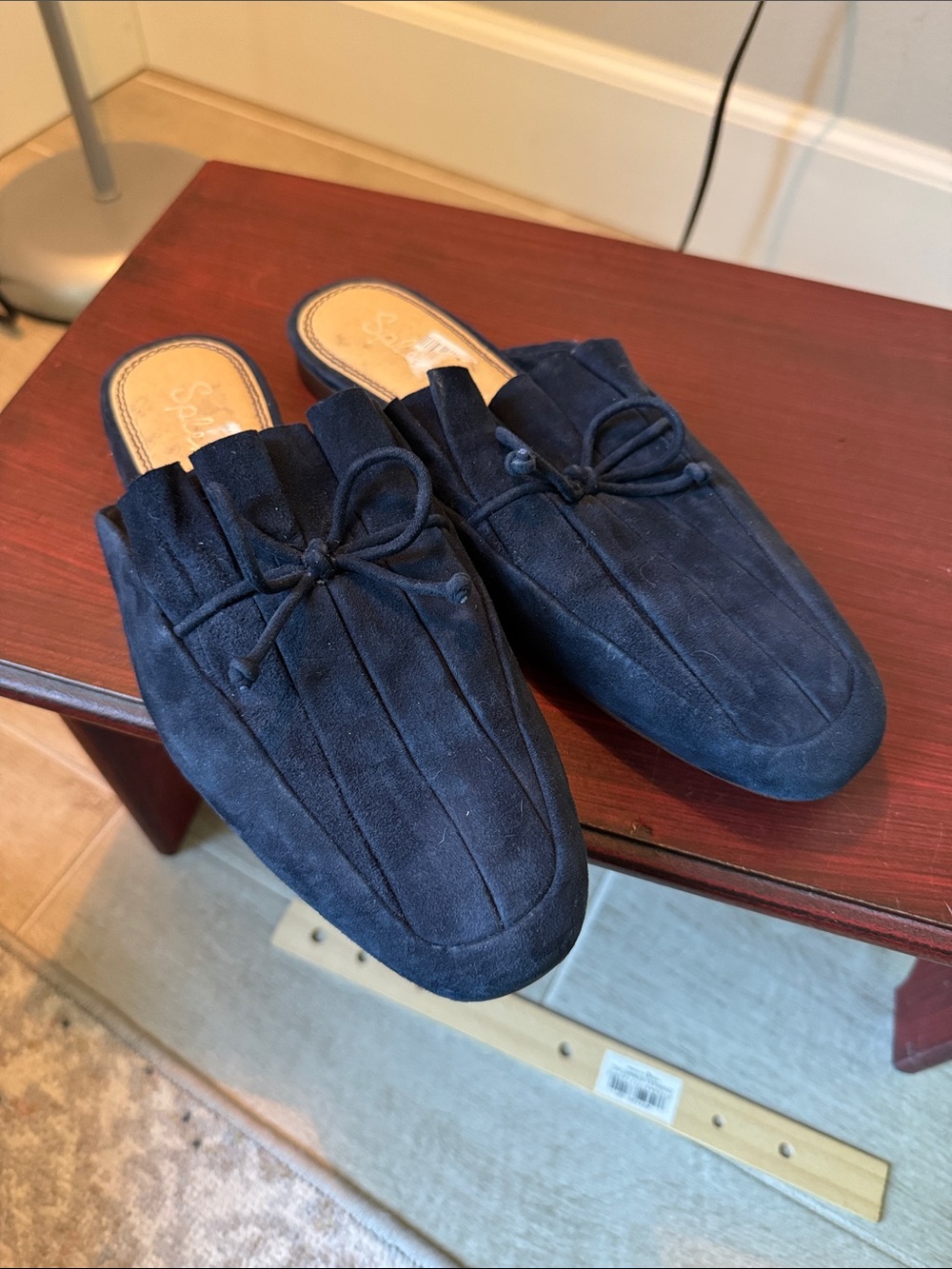 Women’s Navy Suede Slip-On Loafers with Bow Detail